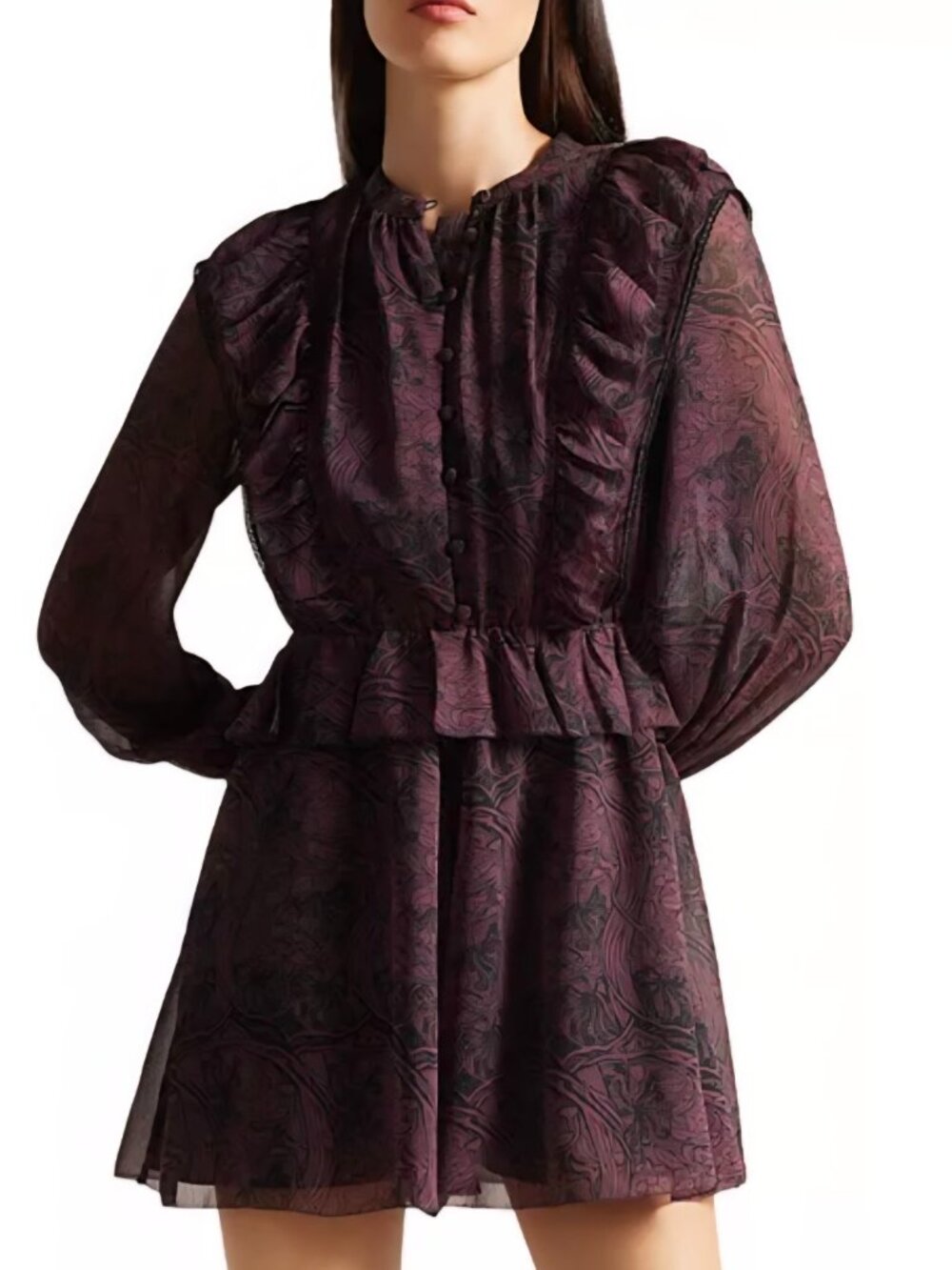 Ted Baker Lilei Printed Ruffled Romper Dress in Black/Purple size 3 (US 8)